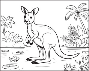 Obraz premium Cute kangaroo on lake water in natural scene black outline silhouette vector for coloring page or book design kids