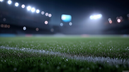 Futuristic soccer field with vivid green turf and detailed grass texture under neon fog and dramatic stadium spotlights, centered on the midfield circle in an empty yet immersive modern football arena
