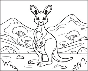 Cute kangaroo with baby in natural mountain scene black outline silhouette vector for coloring page or book design kids