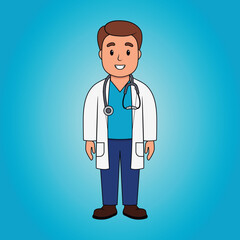 Cartoon standing doctor with stethoscope on a blue background. Young male doctor standing with stethoscope