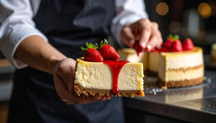 A close-up of a creamy cheesecake slice topped with fresh strawberries and a rich red strawberry sauce. The dessert is being served by a person in a black apron, with the whole cheeseca