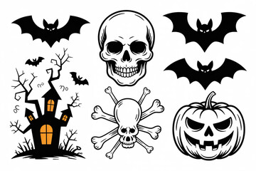 A spooky halloween scene features a skull, bats, pumpkin, and haunted house, creating a scary and festive illustration for the holiday celebration