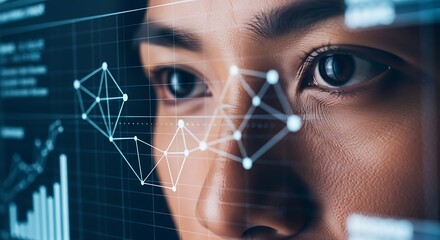 Woman analyzing digital data with geometric network overlay eyes face
