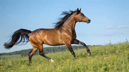 Fototapeta premium Morgan Horse Trotting Gracefully in Sunlit Meadow