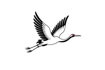 A japanese crane in flight is depicted in a minimalist vector illustration, symbolizing elegance and grace in asian art
