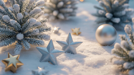 Snowy winter scene with festive ornaments christmas