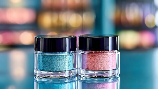 Glitter eyeshadow jars with colorful bokeh background