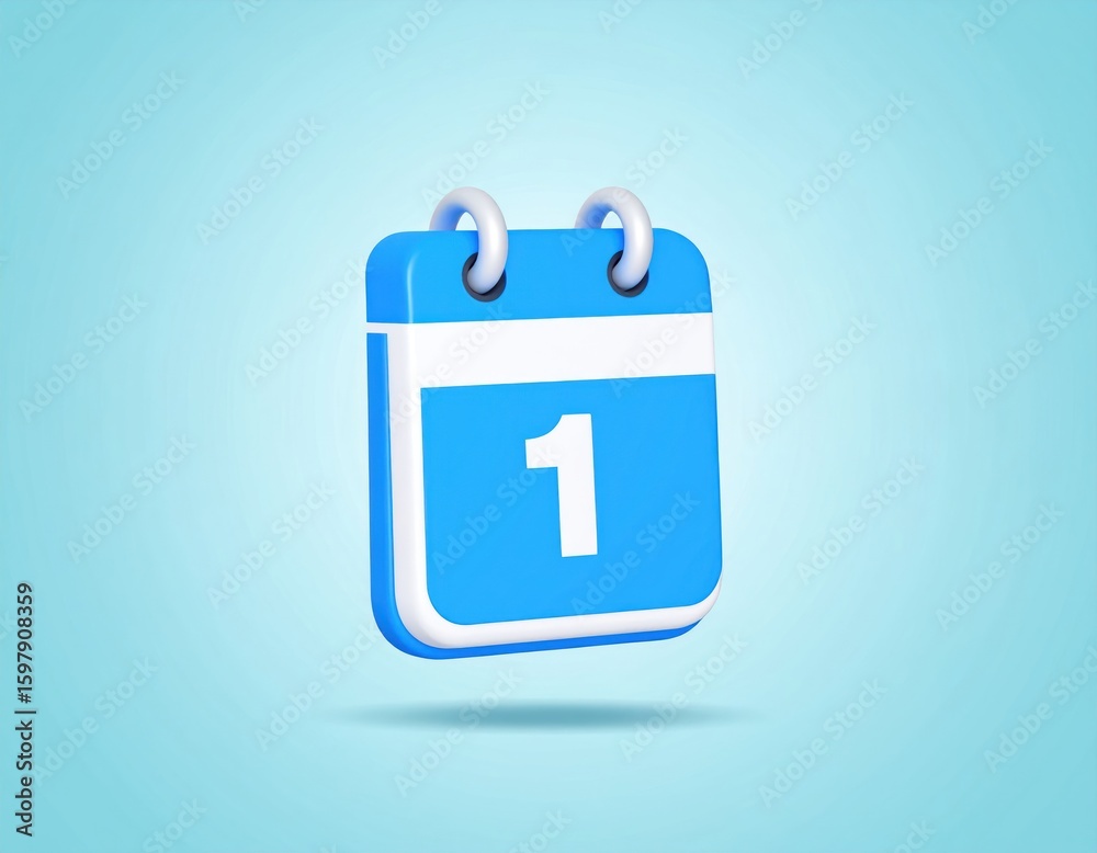 Poster floating blue 3d calendar block displaying the date one against soft clear background