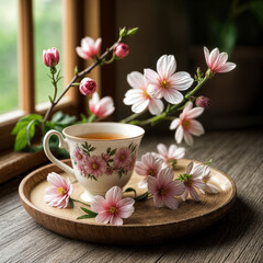 Spring Blossoms and Teacup on Wooden Tray  