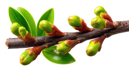 Spring Bud Unveiling: Close-up shot of burgeoning buds bursting with vibrant green life, clinging to a delicate branch, heralding the dawn of spring.