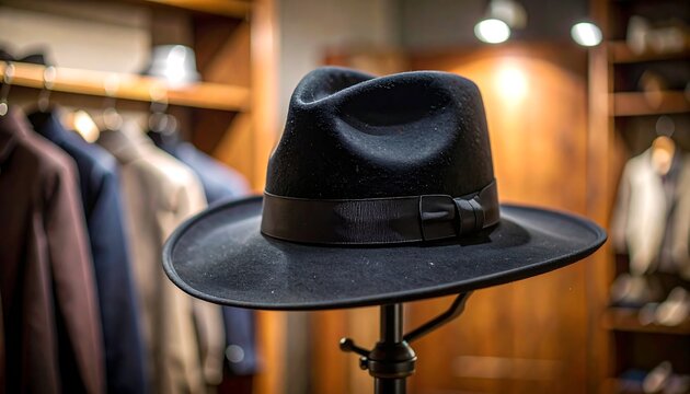 Black fedora hat on display in a men's store