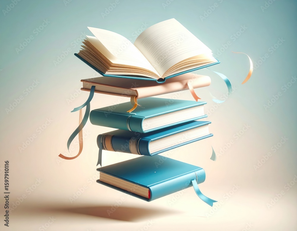 Poster floating stack of blue notebooks with open book and bookmark ribbons on soft gradient background