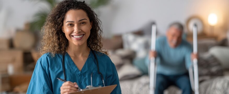 The healthcare professional smiling while assisting a patient in recovery at home.