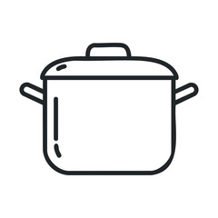 Simple line drawing of a cooking pot with handles and lid