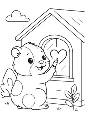 Coloring book guinea pig painting a heart on a house window.