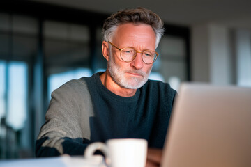 Focused Senior Man Working on Laptop at Home Office