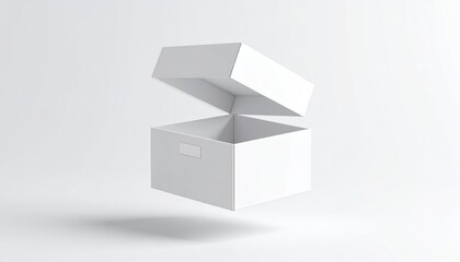 Fototapeta premium Floating White Storage Box Mockup With Partially Open Lid and Label Slot Against a Clean White Background