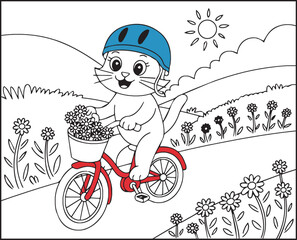Beautiful bicycle riding by a cute cat on road in natural scenery black outline vector illustration for kids coloring book design
