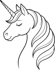 Elegant unicorn head profile drawing with flowing mane and horn