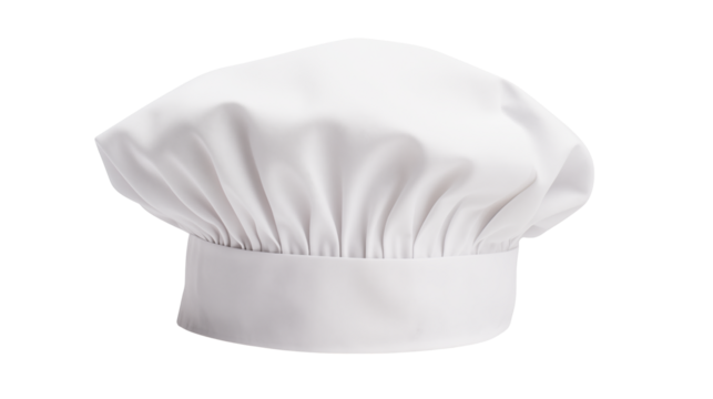 Crisp white chef hat with pleated fabric and a clean band, symbolizing culinary expertise and professionalism isolated on white or transparent png.