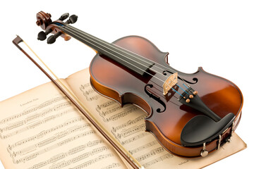 Fototapeta premium A shiny brown violin rests gracefully on a vintage sheet of music with its bow, isolated on white background