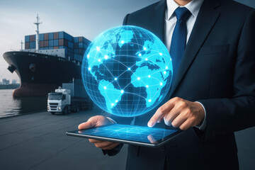 Businessman interacting with global logistics network suit tablet