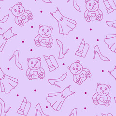 Seamless Pattern With Bears, Dresses, Lipstick, and Shoes. perfect for children-related designs, cosmetics, and fashion-themed artwork.