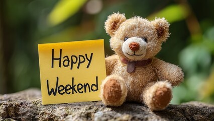  Adorable Weekend Greeting: Cute Teddy Bear and Sticky Note for Joyful Messages