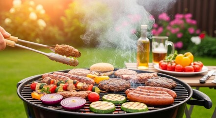 Grilled Meat and Vegetables on a Barbecue Grill