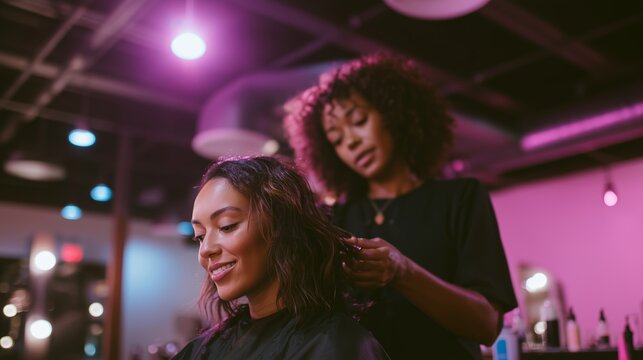 Hair stylist giving a professional haircut to a smiling client in modern salon at night