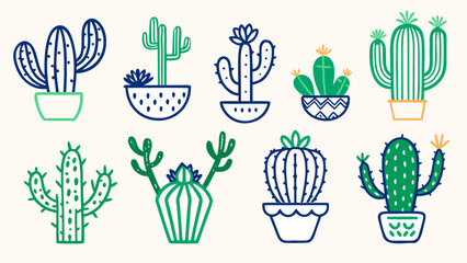 Fototapeta premium Hand Drawn Cactus Plant Doodle Set - Vintage Style Cartoon Cacti Collection