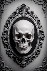 An ornate vintage frame encases a stark skull, creating a gothic memento mori that evokes themes of mortality and the macabre