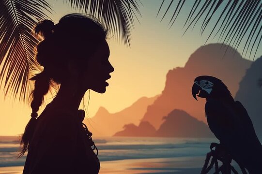 Tropical Sunset with Woman and Parrot. Silhouette of a woman and a parrot at sunset. Ideal for travel and vacation themes.