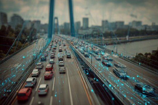Digital overlays highlight traffic flow on sydney's modern bridge. Digital highway. Revamping western sydney: $380m contract for m5 motorway enhancement. Smart city. Transport hub.