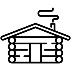Linear icon of log cabin with smoking chimney. Vector outline with editable stroke. Suitable for autumn, rural, or cozy themes.