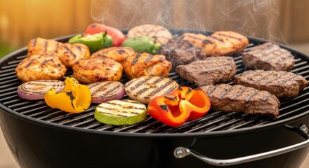 Grilled Meat and Vegetables on a Barbecue Grill