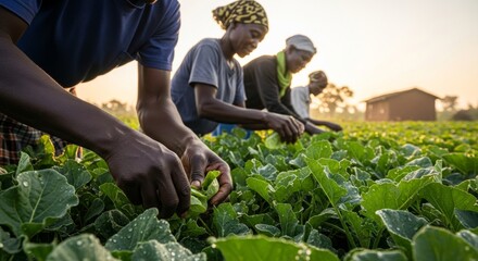 African people harvesting vegetables, close up low angle with dawn light
