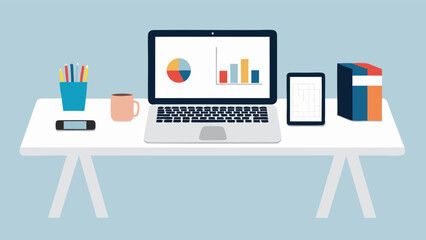 Workspace setup featuring a laptop with charts, tablet, and office supplies on a white desk top