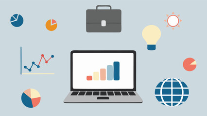 Laptop displaying bar graph with business icons and charts floating around on a light blue background