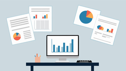 Illustration of a desk with computer displaying a bar graph and papers with charts around it
