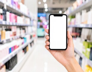 GenerHand holding smartphone with blank white screen and notch in cosmetics store. Ideal mockup for beauty app, UI design, mobile display, and digital marketing visuals.