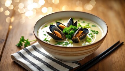 Seafood soup with mussels, green herbs, and a creamy broth served in a bowl on a wooden surface with chopsticks.