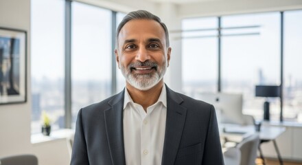 portrait of successful senior businessman consultant looking at camera and smiling inside modern office building 