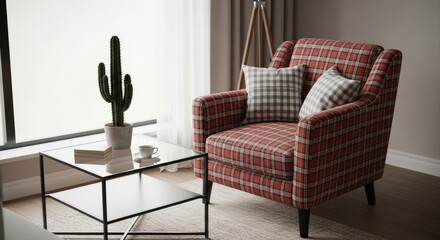 Cozy armchair with plaid near coffee table and plant in living room 