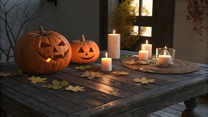 Obraz premium Cozy Halloween Decor with Jack-o-Lanterns and Soft Candlelight