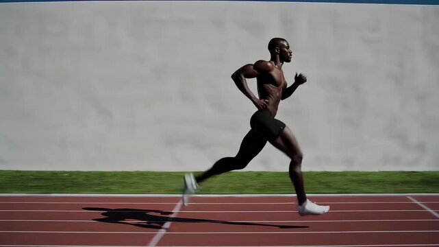 Professional male sprinter racing on track, displaying peak athletic performance with explosive speed and muscular physique during intense training session