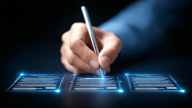 A high-tech digital interface showcasing futuristic document editing with a stylus.