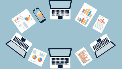 Overhead view of laptops, reports, and a phone arranged in a circle on a light blue background