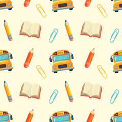 A light yellow background with yellow school bus, open book, and an assortment of pencil and paperclip, creating a fun, academic design