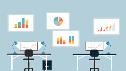 Two office desks with monitors and lamps under data charts on a light blue office wall space